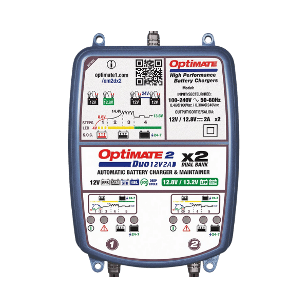 OptiMate 2 DUO x 2 Bank Bronze series: 5-step 12V / 12.8V 2A sealed battery maintainer